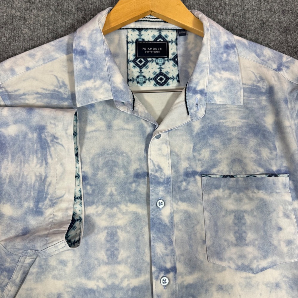 7 Diamonds Button Down Tie Dye 4 Way Stretch Mens Large L Blue White EUC Shirt
